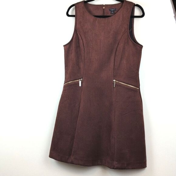 Ann Taylor Faux Suede Brown Sleeveless Dress Gold Zipper Pockets Size 14P - Picture 10 of 10